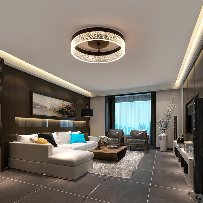 Jaycomey Modern LED Ceiling Light Fixture, 11.65" Black Flush Mount Kitchen Lighting with Clear Seeded Acrylic Lampshade,Round Ceiling Lamp Lights for Dining Room Foyer Hallway