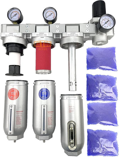 1" NPT SUPER DUTY Industrial Grade 4 Stages Filter Coalescing Desiccant Dryer Regulator System For Compressed Air Lines, Metal Bowls, Great For Paint Spray And Plasma Cutter (MANUAL DRAIN)