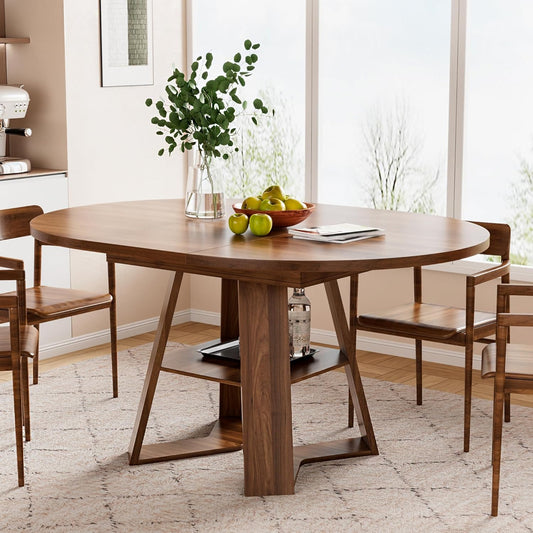 43.3in-59in Extendable Round Dining Table for 4-6,Modern Kitchen Oval Dining Table with Removable Leaves Space Saving,Wood Base with Storage Shelf for Kitchen Living Room