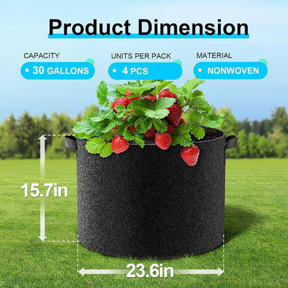 Land Guard 4-Pack Fabric Grow Bags 30 Gallon, Thickened Nonwoven Garden Pots, Growing Bags with Handles, Black