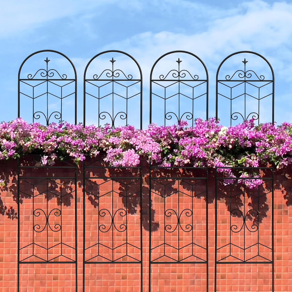 4 Pack Metal Garden Trellis 86.7" Tall Outdoor Climbing Plant Support for Roses, Flowers, Rustproof Durable Black Galvanized Tube, Lawn Garden Fence Decor Screen (4, Castle-86.7" H)