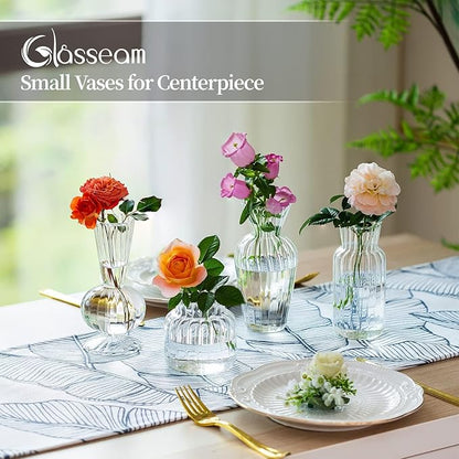 Modern Clear Glass Bud Vase Bulk Set: Glasseam 16Pcs Small Mini Flower Centerpieces Vases Handmade Decorative Cute Short Window Corner Home Decor for Wedding Reception Dining Table Single Rose