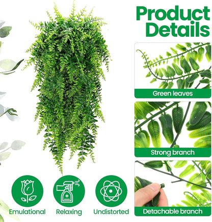 Geosar 12 Pcs Artificial Hanging Plants 32 Inch Hanging Boston Ferns Plastic Fake Plants for Wall Room Garden Wedding Garland Indoor Outdoor Decoration, No Basket
