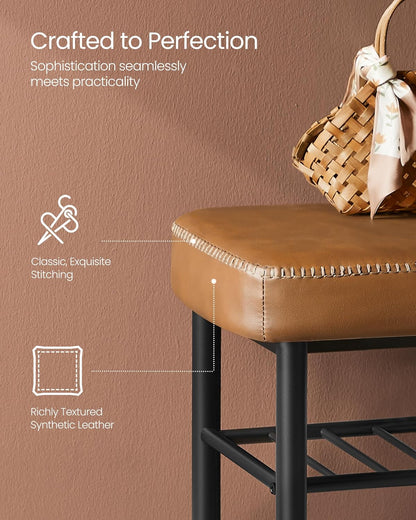 VASAGLE EKHO Collection - Shoe Rack Bench, Storage Bench for Entryway, Synthetic Leather with Stitching, Mid-Century Modern, Loads 300 lb, 11.8 x 31.5 x 19.7 Inches, Caramel Brown ULSB054K01