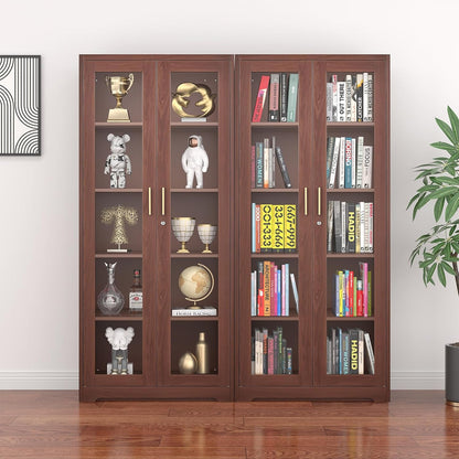 Polup Glass Display Cabinet, Display Case with Glass Doors and Shelves, Metal Curio Cabinets with Locking, 71" Tall Bookcase with Glass Doors for Home, School, Clinic (Wood Color)- Assemble Required