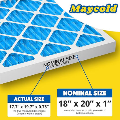 Maycold 18x20x1 MERV 11 Furnace Air Filter (6-Pack), High-Performance HVAC AC Filters for Home Use, Actual Size: 17.70” x 19.70” x 0.75”, Individually Wrapped in Plastic