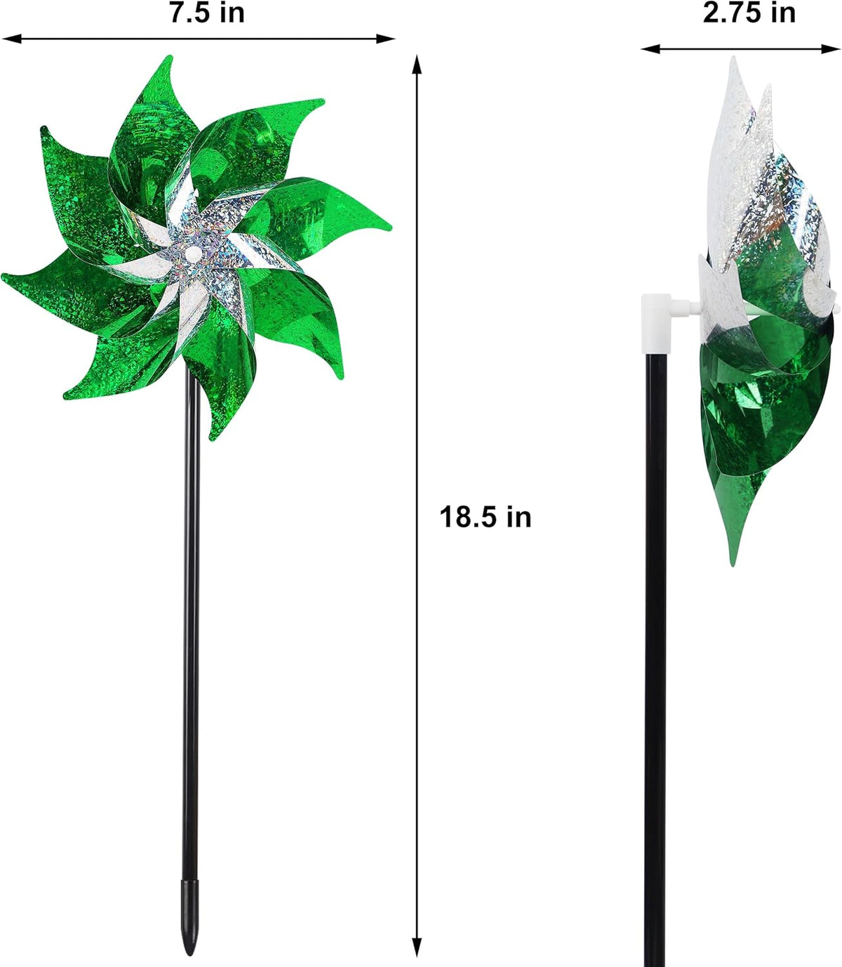 Hausse 10 Pack Reflective Pinwheels Holiday Decor, Extra Sparkly Wind Sculptures for St. Patrick's Day Decorations Party Supplies, Deterrent to Scare Birds Away from Garden Yard Patio Farm, Green