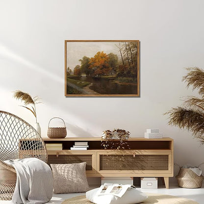 Floating Framed Canvas Wall Art Decor – Vintage Autumn by the Water Landscape Paintings Prints, Nature Countryside Pictures Wall Decor for Living Room Bedroom Office Decoration 12x16 inch