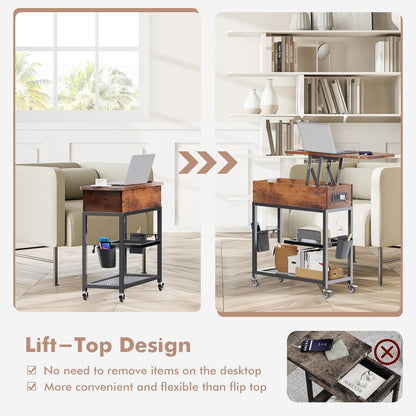 Colima Lift-Top Side Table with Charging Station - Mobile End Table with USB Ports & AC Outlets, Hidden Storage, Wheels - Rustic Wood Nightstand for Living Room, Bedroom, Office