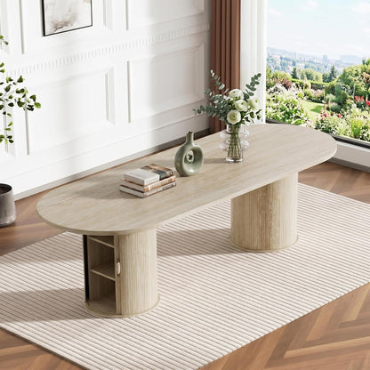 Modern Extendable Dining Table for 6-8-10,Rustic Expandable Oval Kitchen Tables,63-79-94 Inch Large Dining Table with Faux Travertine Top and Storage Pedestal Base