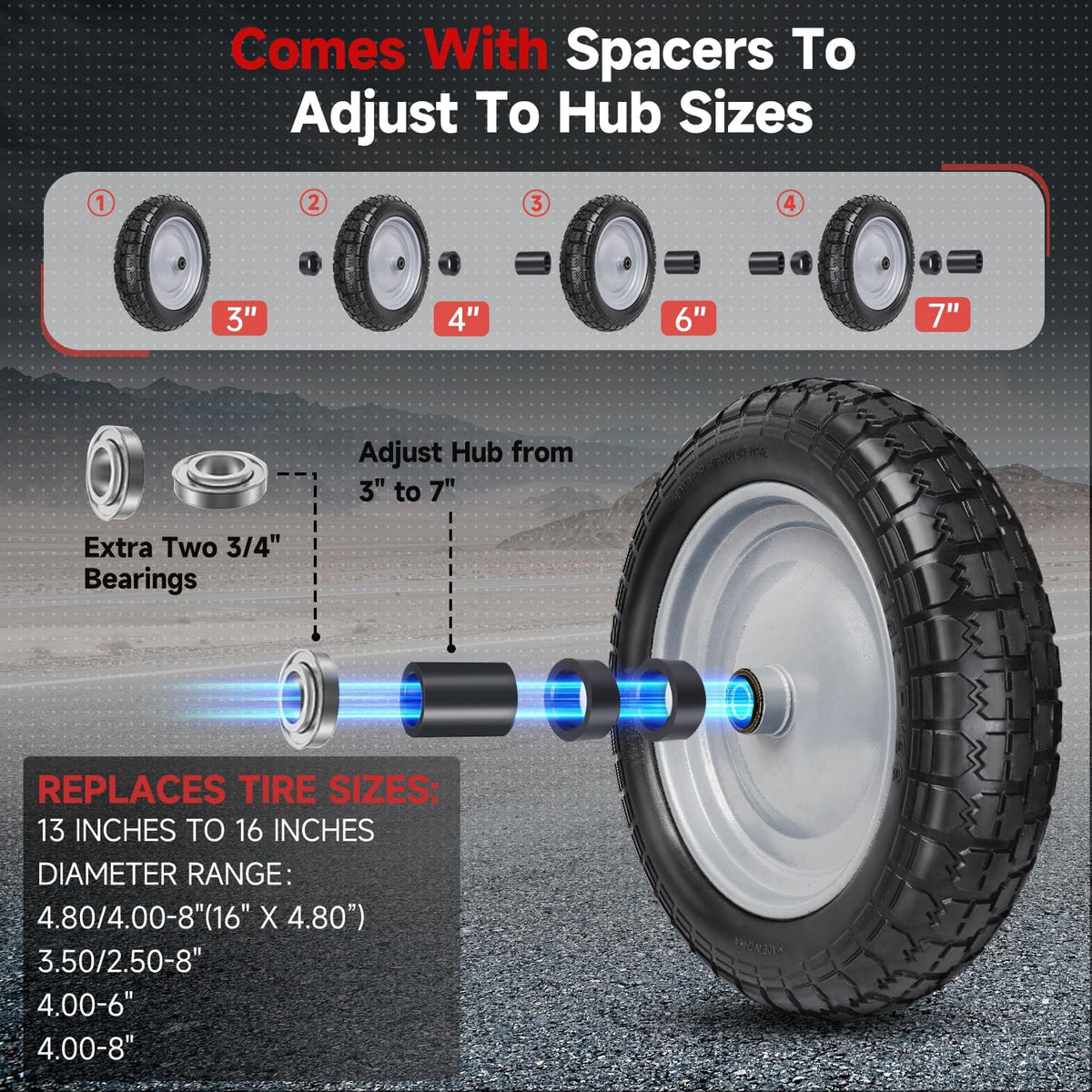 4.80/4.00-8 Tire, 14.5" Flat Free Wheelbarrow Tire and Wheel, 5/8" 3/4" Bearings Solid Replacement Tires, 3" -7" Centered Hub, Universal Fit 4.80/4.00-8, 3.50/3.00-8, 4.00-6, 2 Pack