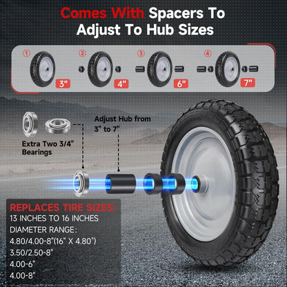 4.80/4.00-8 Tire, 14.5" Flat Free Wheelbarrow Tire and Wheel, 5/8" 3/4" Bearings Solid Replacement Tires, 3" -7" Centered Hub, Universal Fit 4.80/4.00-8, 3.50/3.00-8, 4.00-6, 2 Pack