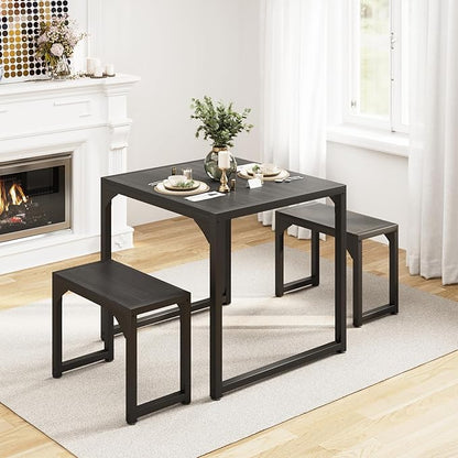 Gizoon Dining Table Set for 2, Kitchen Table Set for 2 with Steel Frame, Kitchen Table with 2 Benches for Small Space, Space Saving Design for Restaurant, Living Room, Black
