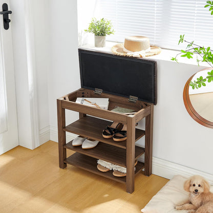 Shoe Storage Bench for Entryway, 24" Lift Top Storage Bench with PU Leather Cushion, 3-Tier Adjustable Shoe Rack Organizer, 400 lb Wood Hallway Benches for Mudroom, Bedroom, Brown