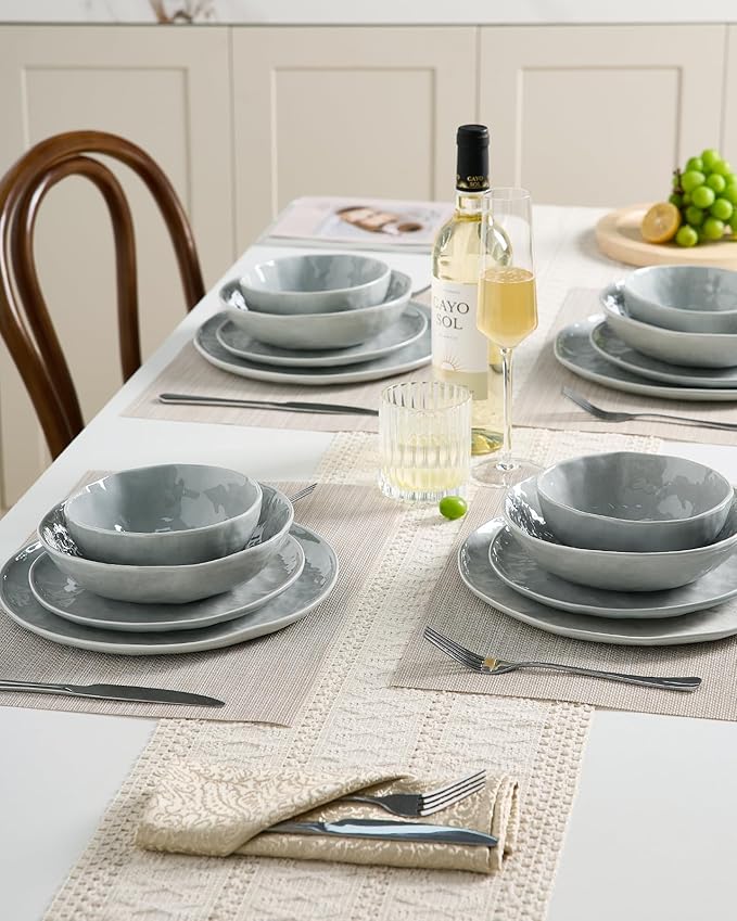 Famiware Porcelain kitchen plates and bowls set, Modern dishes set for 6, Handmade Wave Edge Dinnerware Sets, Microwave and Dishwasher Safe Tableware, Sleek Grey (24pc)