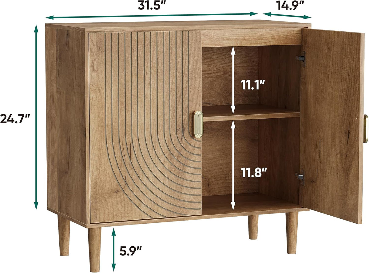 Smuxee Oak Sideboard Cabinet, Freestanding Buffet Cabinet with Line Groove Design, Wood Storage Cabinet with Adjustable Shelf for Living Room, Entryway, Hallway