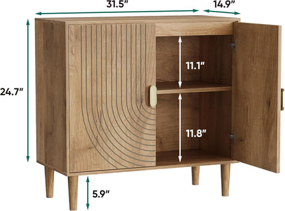 Smuxee Oak Sideboard Cabinet, Freestanding Buffet Cabinet with Line Groove Design, Wood Storage Cabinet with Adjustable Shelf for Living Room, Entryway, Hallway