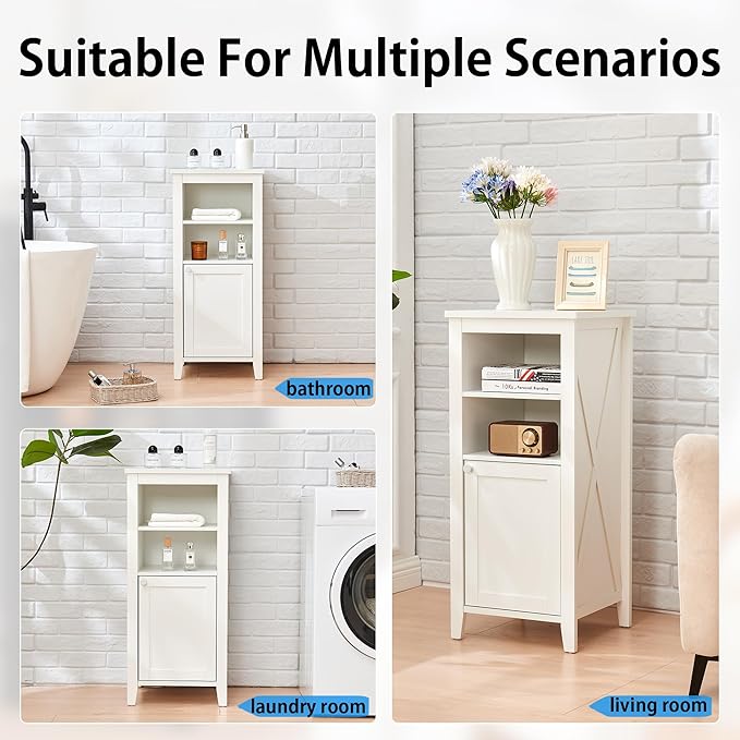 35.4" Tall Bathroom Floor Cabinet, 15.7" Wide Farmhouse Small Storage Cabinet with Door, Corner Floor Cabinet with Shelves, Organizer for Living Room, Kitchen, White