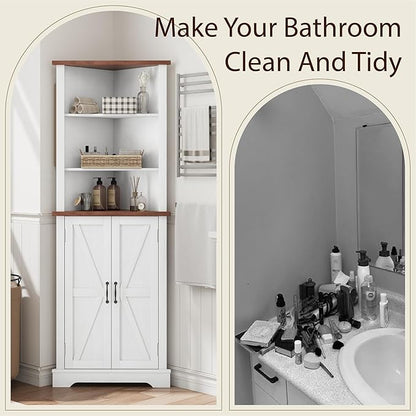 Smuxee Tall Corner Storage Cabinet, Farmhouse Corner Cabinet with Barn Door and Adjustable Shelf, White Freestanding Cabinet Organizer for Bathroom, Kitchen, Living Room