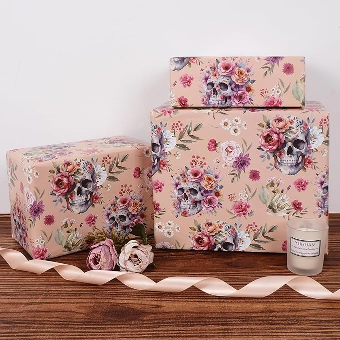 Aimyoo Gothic Wrapping Paper Roll, 17 Inch X 33 Fee Skull Floral Berry Design Gift Wrap Paper for Mother's Day, Birthday Bridal Shower