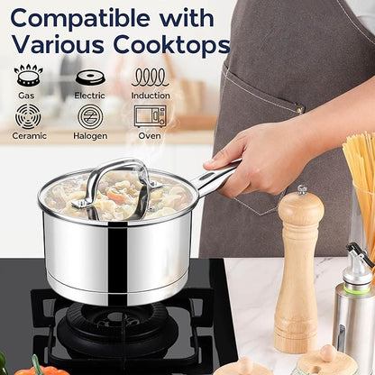 LIANYU 1 Quart Stainless Steel Saucepan, Small Sauce Pan with Lid, Tri-Ply Bottom Multipurpose Pot for Cooking, Straight Side, Dishwasher Safe, Compatible with All Cooktops