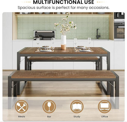 SHA CERLIN Kitchen Dining Table Set for 4 with Benches, Rustic Small Space Saving Dinette, Heavy Duty Metal Frame