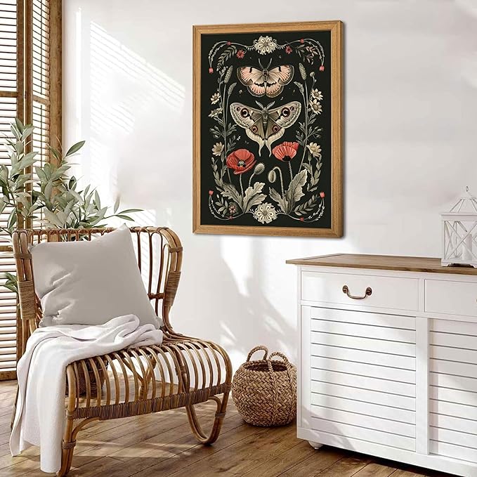 Vintage Framed Wall Art - 3D Textured Classical Style Moth Pictures Wall Decor - Hand Drawn Flowers Nature Art Painting for Living Room Bedroom Home Decor 24x36in
