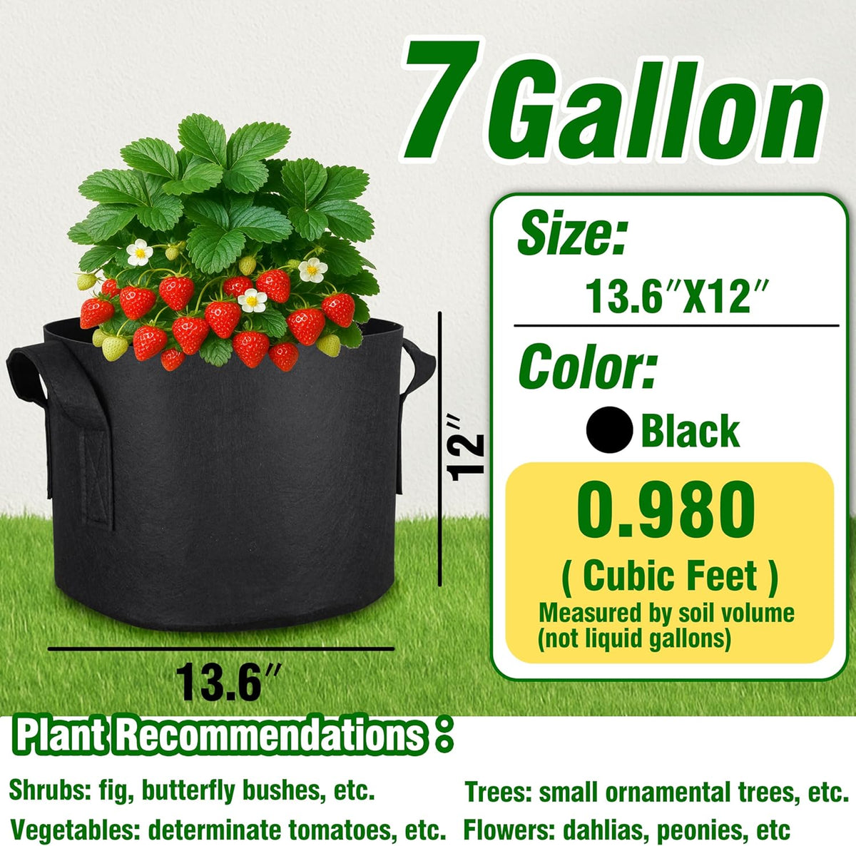 PHYEX 12-Pack 7 Gallon Grow Bags, Heavy Duty Fabric Pots with Handles, Reusable Plant Bags for Vegetable, Herbs & Flowers, BPA-Free, Breathable, Durable