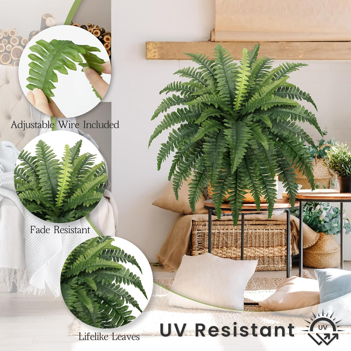 FOREST PRINCE 35" Ferns Artificial Bush Plants Large, 2 Artificial Boston Ferns with 39 Fronds for Outdoors Home Decor