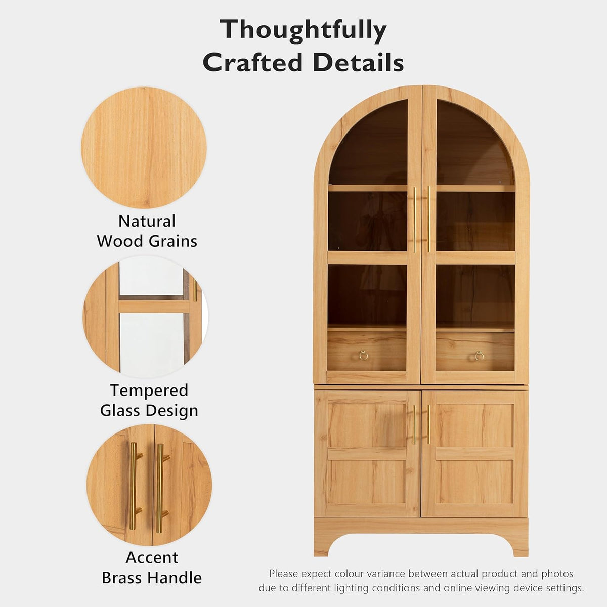 71" Arched Kitchen Pantry Cabinet with Glass Doors, Farmhouse Pantry Cabinet with Door Shelves and Drawer, Tall Cupboard with Adjustable Shelves for Kitchen, Dining Room, Natural