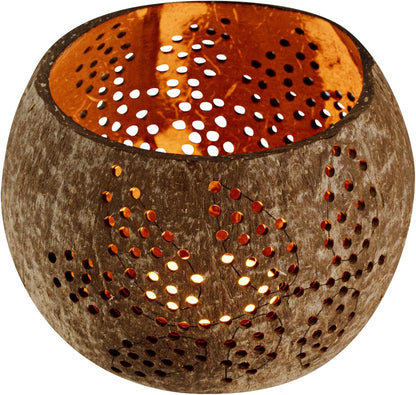 Restaurantware-Coco Casa 4 x 3.3 Inch Coconut Shell Candle Holders, 1 Reusable Tealight Holders - Candle Not Included, Leaf Pattern, Brown Coconut Bowls For Candles, Handcrafted
