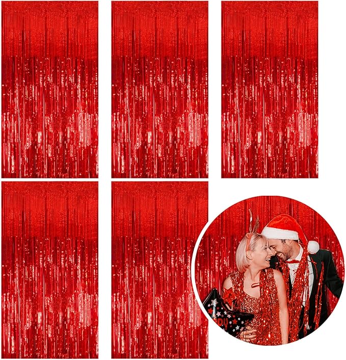 5 Pack Foil Curtain Backdrop Red Metallic Tinsel Foil Fringe Curtains Photo Booth Props for Birthday Wedding Engagement Baby Shower Bachelorette Christmas Holiday Celebration Party Decorations