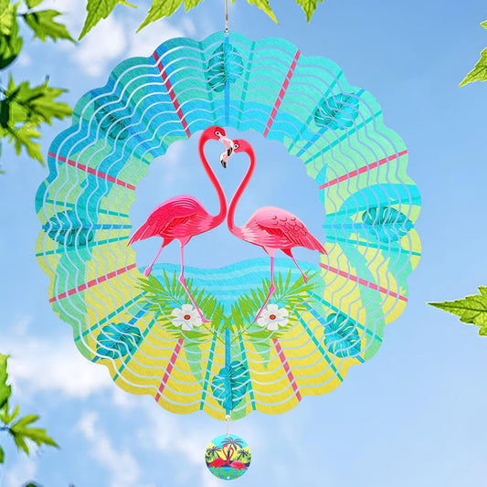 Flamingo Wind Spinners Garden Yard Decor Gift for Women Men, 12 Inch Outdoor Metal 3D Wind Spinner, Stainless Steel Hanging Wind Catchers Kinetic Sculpture for Outside Decoration