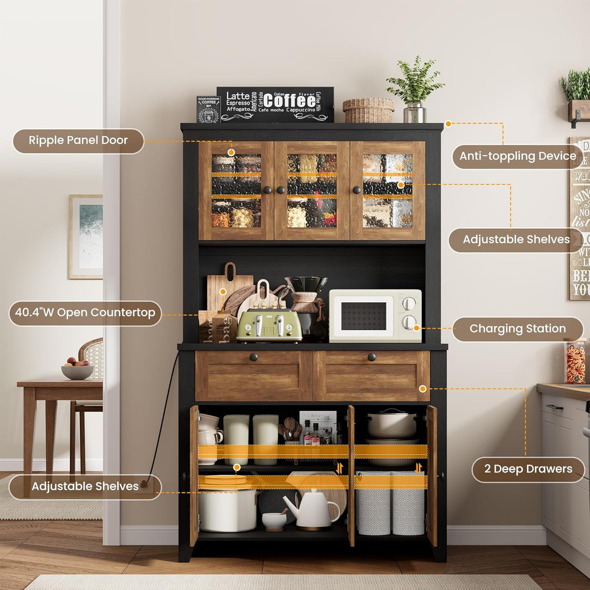 Garvee 66" Tall Pantry Cabinet with LED Lights & Charging Station, Kitchen Pantry Storage Cabinet Kitchen Hutch Coffee Bar with Adjustable Shelves for Dining Room, Living Room