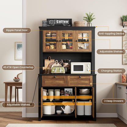 Garvee 66" Tall Pantry Cabinet with LED Lights & Charging Station, Kitchen Pantry Storage Cabinet Kitchen Hutch Coffee Bar with Adjustable Shelves for Dining Room, Living Room