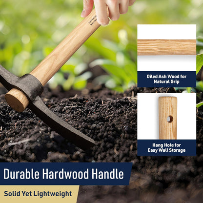 16” Hand Pick Axe - Forged Steel Pickaxe for Digging, Loosening Soil, or Weeding Tool - Dual Headed Adze Garden Hoe and Pick Mattock Digging Tool with Wood Handle by Kings County Tools