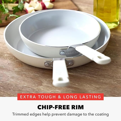 GreenPan x Bobby Flay 2 Piece- 8” and 10” Nonstick Frying Pan Skillet Set, PFAS-Free Diamond Ceramic, Induction Suitable, Stay-Cool Silicone Handle, Easy Clean Dishwasher & Oven Safe, Cream