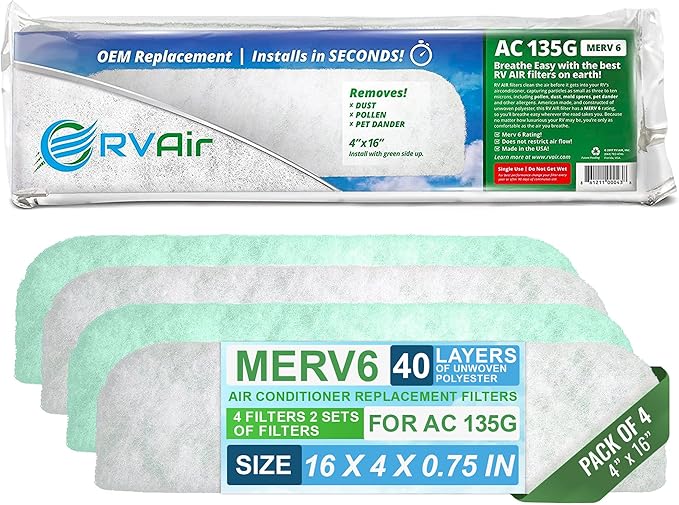 AC Filter - Air Conditioner Replacement Filters - RV Air Cleaner - Camper Accessories for Travel Trailers - Easy to Install Vent Filter - 16 x 4 x 0.75 in (4 Filters for AC 135G)