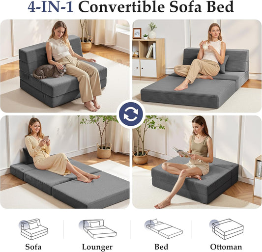 Youzi Folding Sofa Bed Convertible Sleeper Chair with Pillow, 4-in-1 Foldable Mattress Futon Couch Bed to Lounge Chair for Living Room, Bedroom, Dorm & Guest, Washable Cover, Dark Gray, Twin