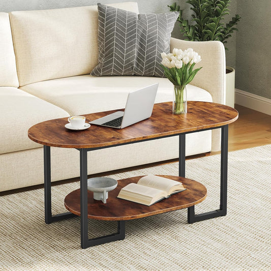 HOOBRO Coffee Table for Living Room, Oval Small Coffee Table with 2-Tier Open Storage Shelf, Industrial Cocktail Tea Table, Wooden Desktop Center Table, Farmhouse, Home Office, Rustic Brown BF09KF01