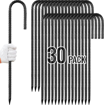 Rebar Stakes 12 Inch, Ground Stakes Heavy Duty J-Hook Black Coated Anti-Rust Heavy Duty Ground Anchors for Garden Dog Fence Chicken Coop Christmas Decorations Deer Fence 30pcs