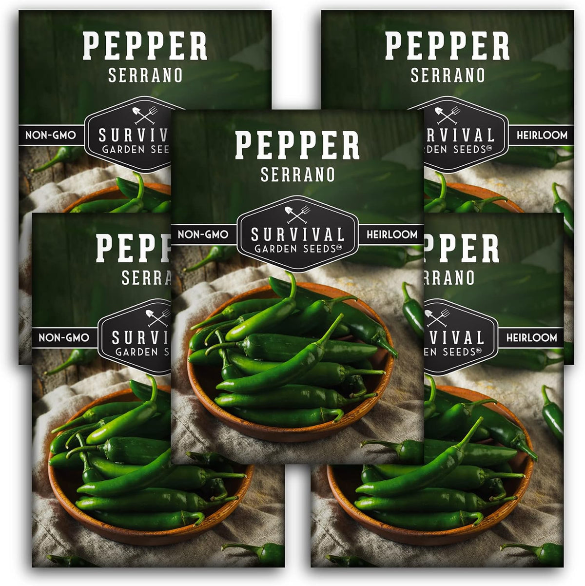 Mexican Serrano Pepper Seeds for Planting | Fresh Hot Chili & Green Hot Pepper Seeds – Heirloom Non-GMO Variety for Sauce, Salsa & Pickling – Survival Garden Seeds (5 Packs)