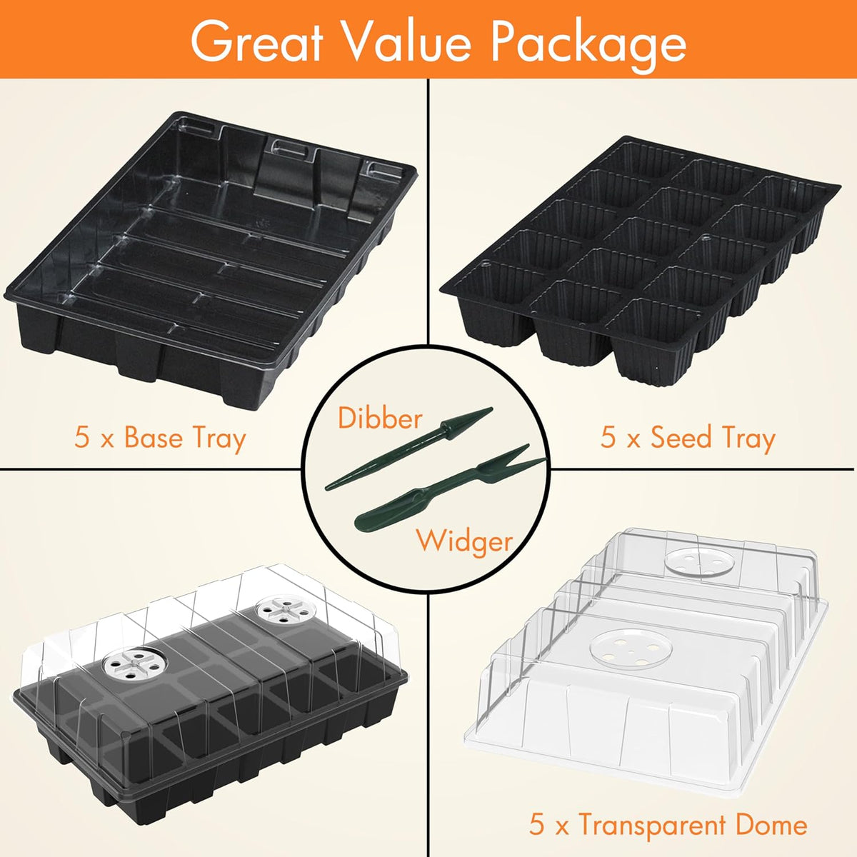 Gardzen 5-Pack Seed Starter Kits, Reusable Plant Germination Trays with Total 75-Cell, Seed Starter Tray with Humidity Vented Domes and Bases for Starting Vegetable Flower Herb Seeds 15" x 9"