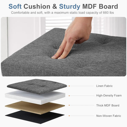 DUMOS 43 Inch Folding Storage Ottoman Bench, Upholstered Ottoman with Storage Holds 660 lbs, End of Bed Foot Rest Stool for Bedroom, Living Room, Entryway, Linen Fabric, Grey