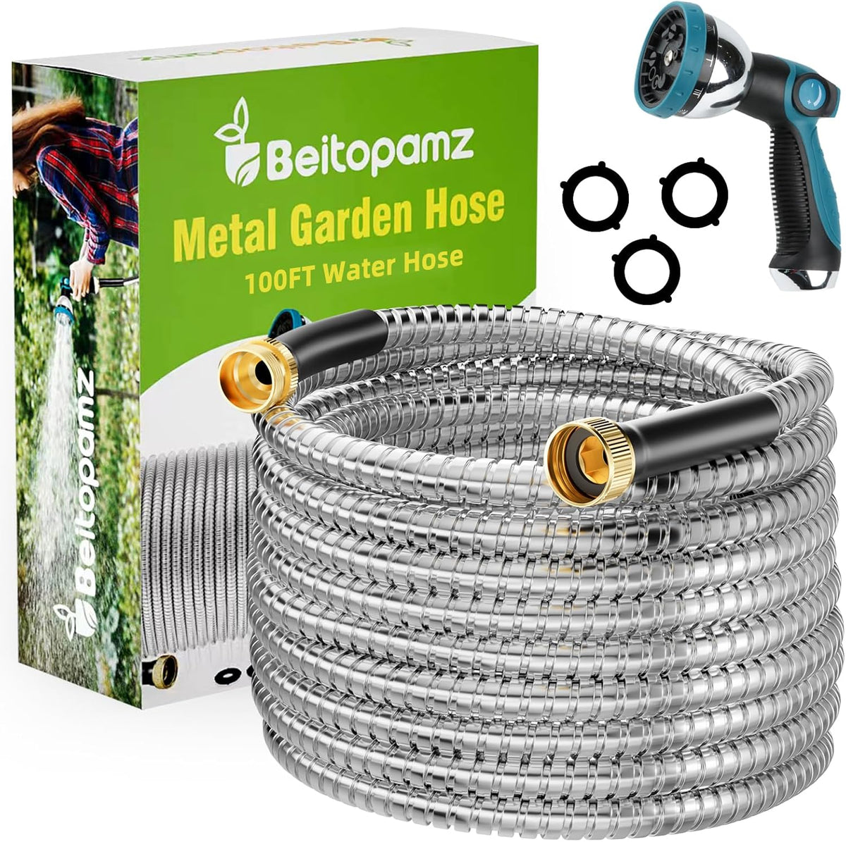 100 ft Garden Hose, Stainless Steel Metal Water Hose 100 Feet with Nozzle, Flexible, Rust Proof, No-Kink, Heavy Duty, Leakproof 3/4 in Fittings, Lightweight Metal Hose, BT100S Model