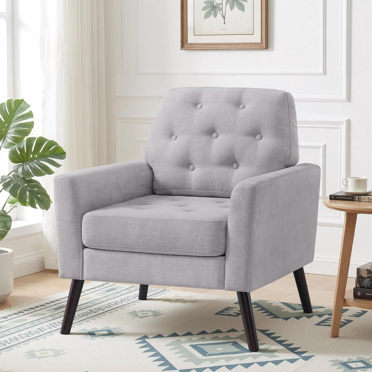 Accent Chair Set of 2, Mid Century Modern Living Room Chairs, Upholstered Armchair with Tufted Back & Wood Legs, Single Sofa Reading Side Chair for Bedroom Office Waiting Room, Light Grey