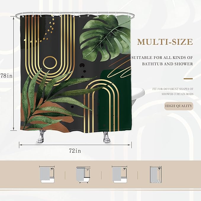 Glawry Dark Green Gold Boho Mid Century Shower Curtain Extra Long Abstract Minimalist Geometric Tropical Modern Leaf Bathroom Simple 72Wx78L Inches Bath Accessories Art Home Decor Fabric 12 Pack Hook