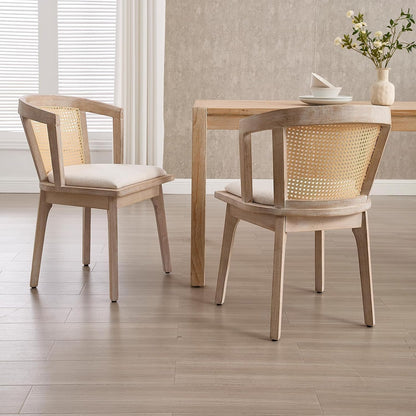 Kmax Rattan Dining Chair Set of 4 Farmhouse Semi Barrel Dining Room Chair Wooden Upholstered Chair for Kitchen Living Room, Oak