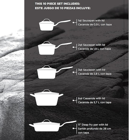 Starfrit The Rock 10PC Non-Stick Cookware Set - Durable Forged Aluminum - Oven Safe - PFOA Free - Easy to Clean - Black