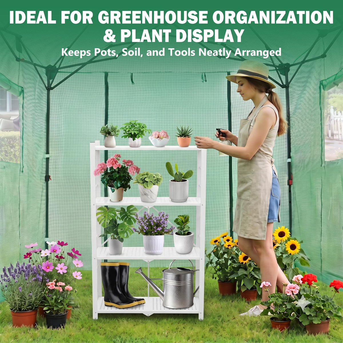 EAGLE PEAK 4-Tier Foldable Greenhouse Shelf, Heavy Duty Metal Storage Rack, No Assembly Steel Shelving Unit, Plant Stand for Greenhouse and Multi-Use Storage, 28”x14.6”x44.7”, 520 lbs, 1 Pack, White